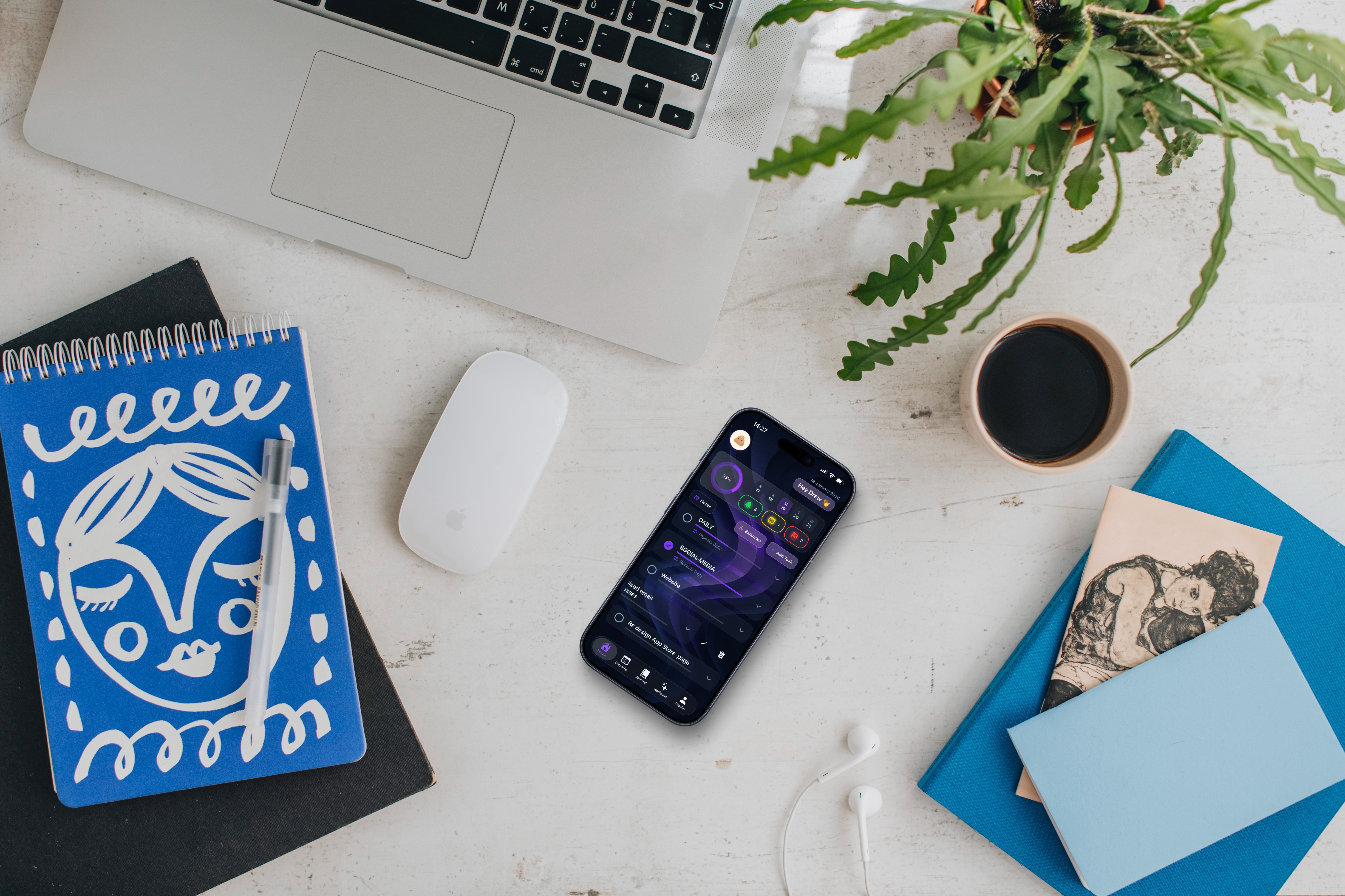 Calm, organised desk representing clarity and focus